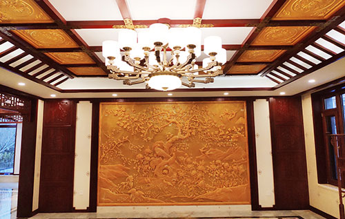 红桥中式别墅客厅中式木作横梁吊顶装饰展示